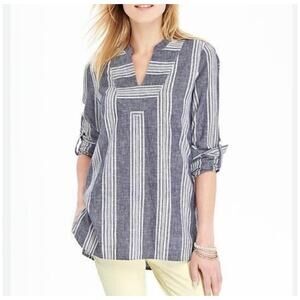 Old Navy Linen Blend Tunic Top Roll-Tab Sleeves Navy White Striped Size S